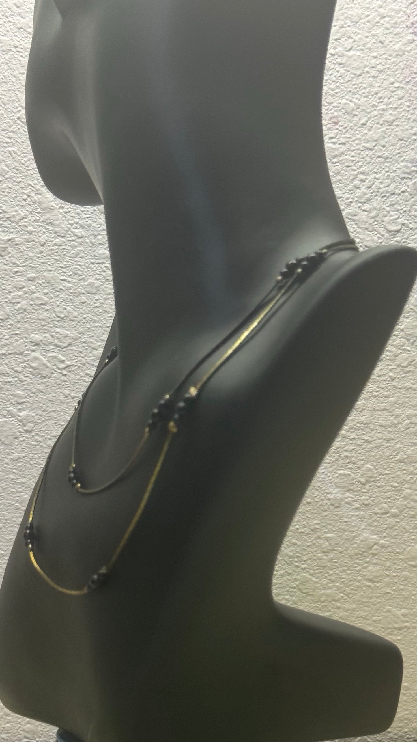 minimalist double-layer liquid silver and black bead necklace 28” length