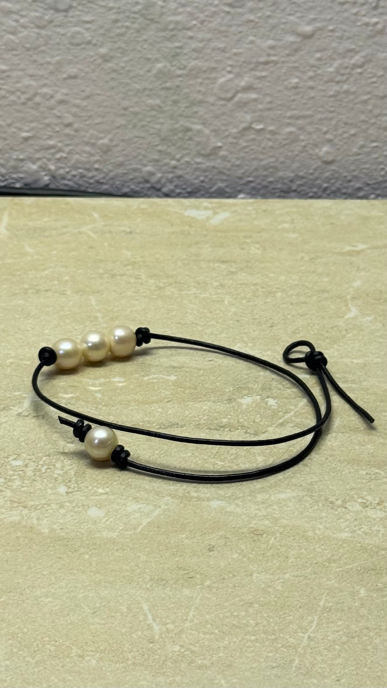 Triple Pink Pearl Necklace, #1 Black Leather Cord