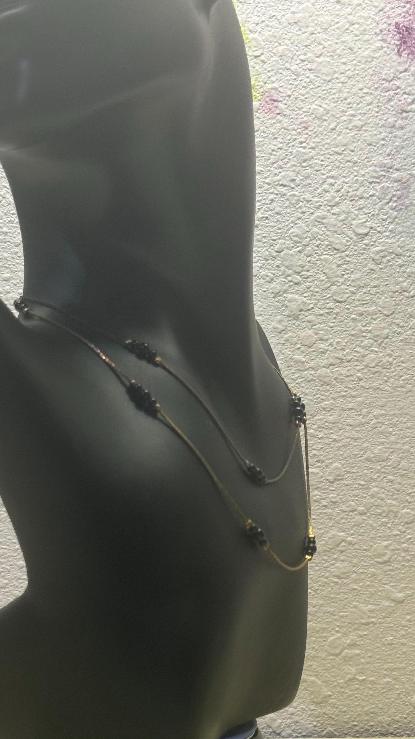 minimalist double-layer liquid silver and black bead necklace 28” length
