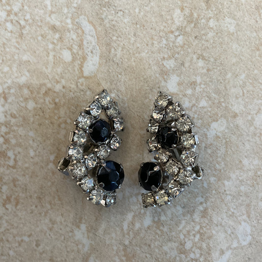 Vintage Clear And Black Crystals Women’s Clip-On Earrings