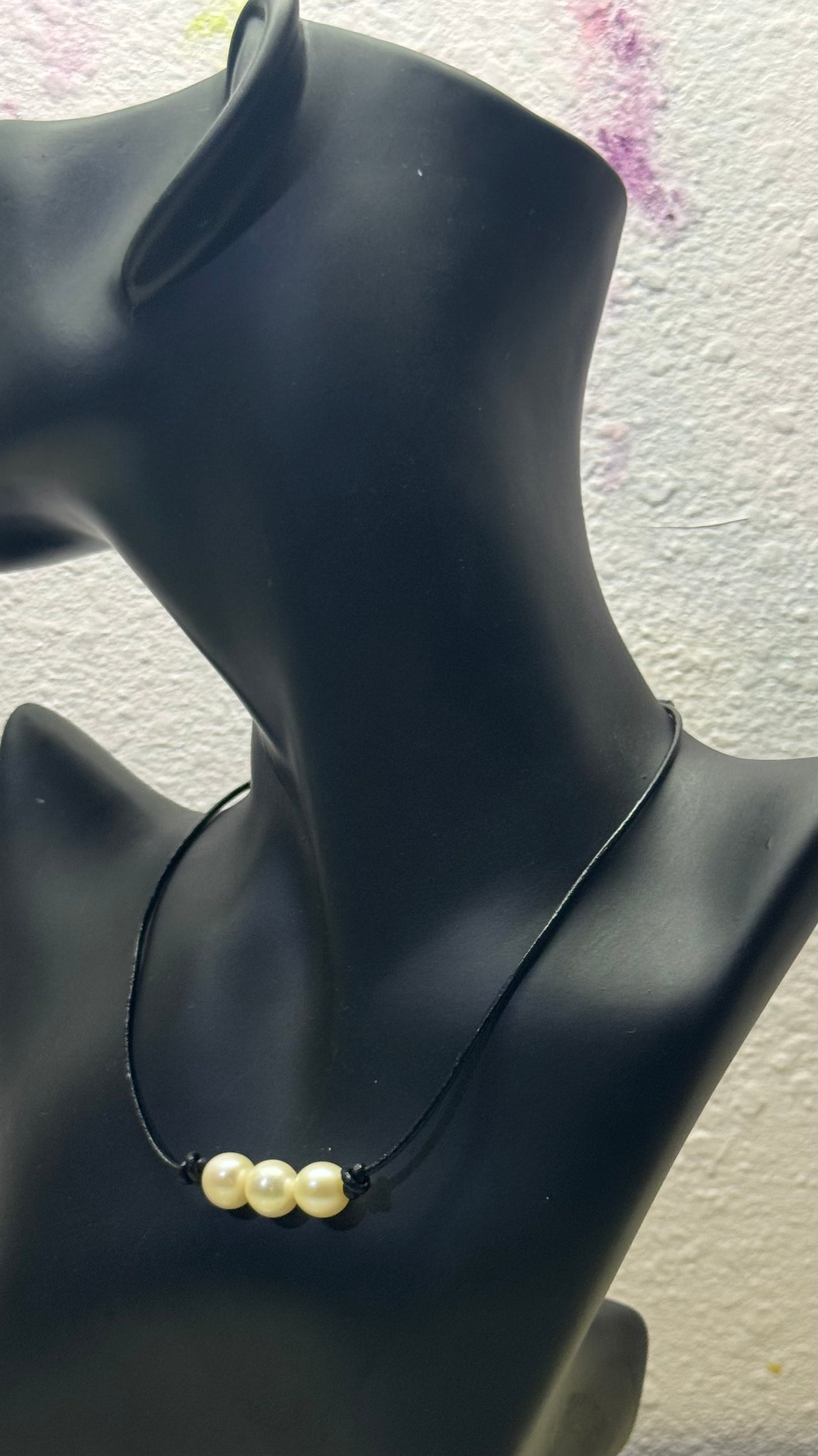 Triple Pink Pearl Necklace, #1 Black Leather Cord