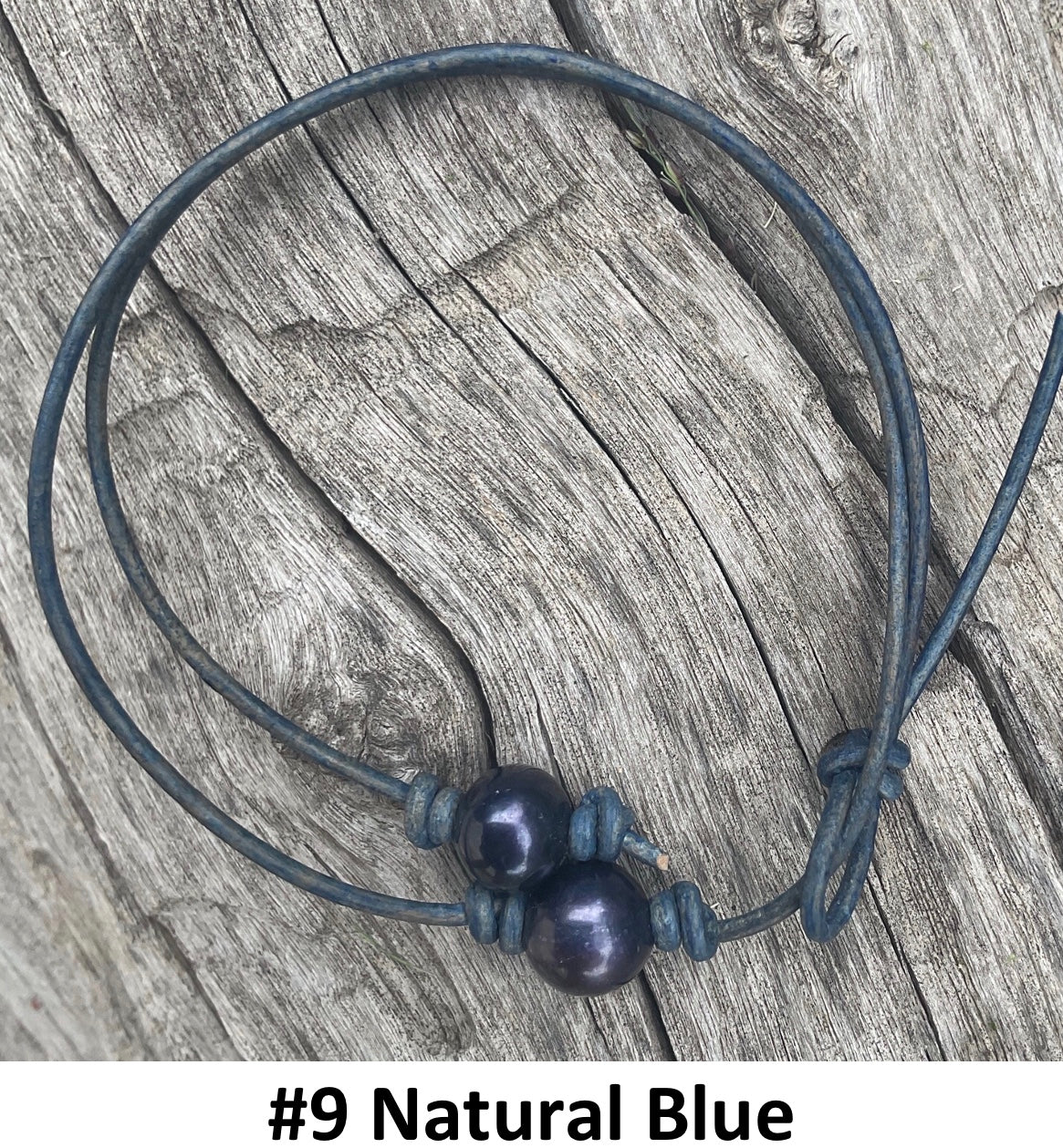 Single Black Pearl Necklace, #9 Natural Blue Leather Cord