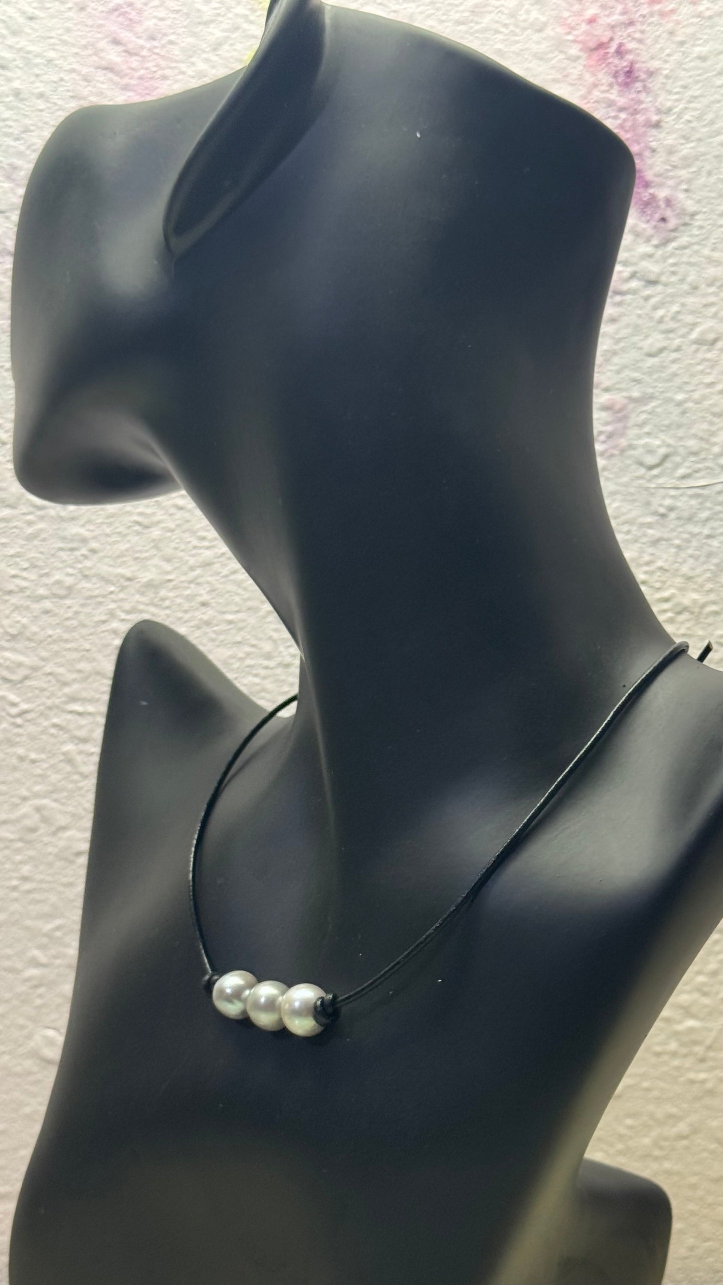 Triple Gray Pearl Necklace, #1 Black Leather Cord