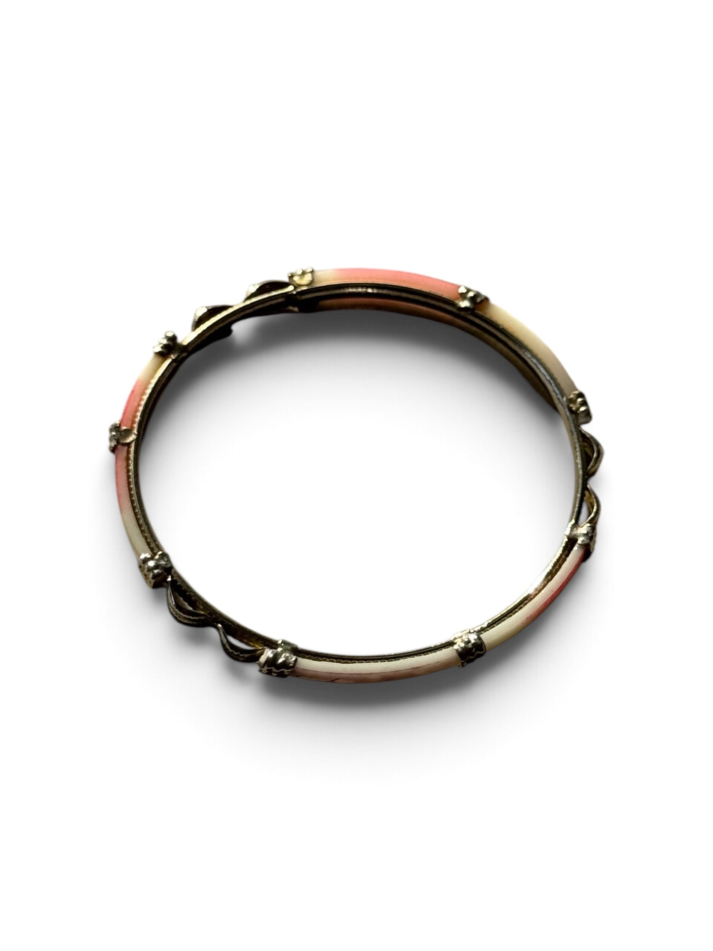 Silver bangle cuff bracelet with red and white accents 2(1/2)” diameter