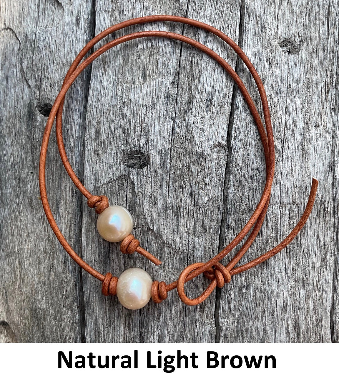 Single Pink Pearl Necklace, #6 Natural Light Brown Leather Cord