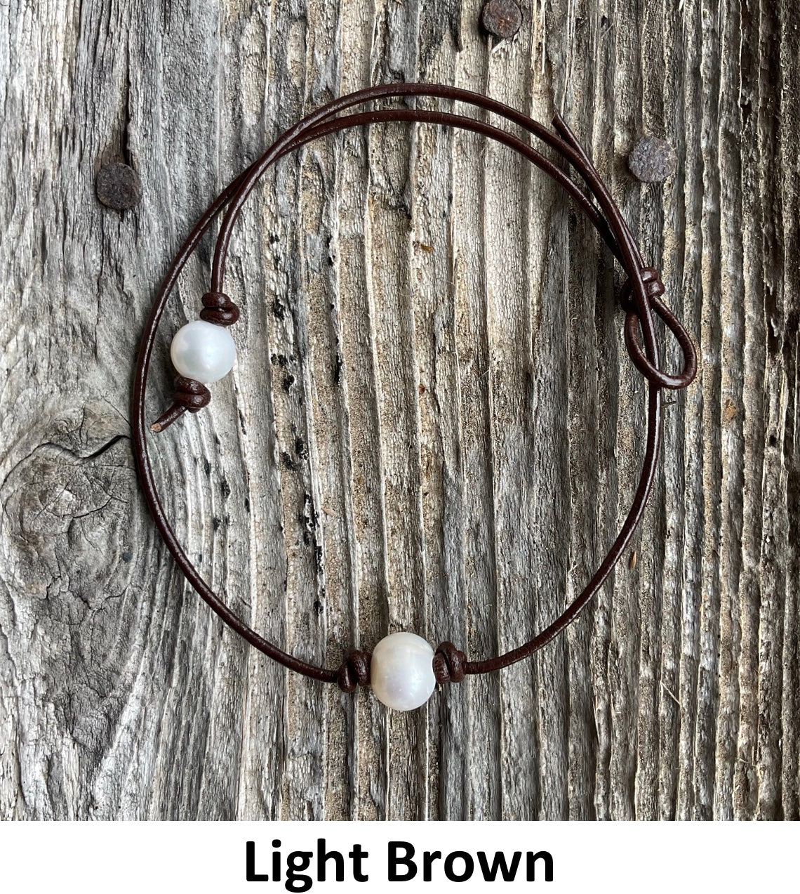 Single White Pearl Necklace , #4 Light Brown Leather Cord