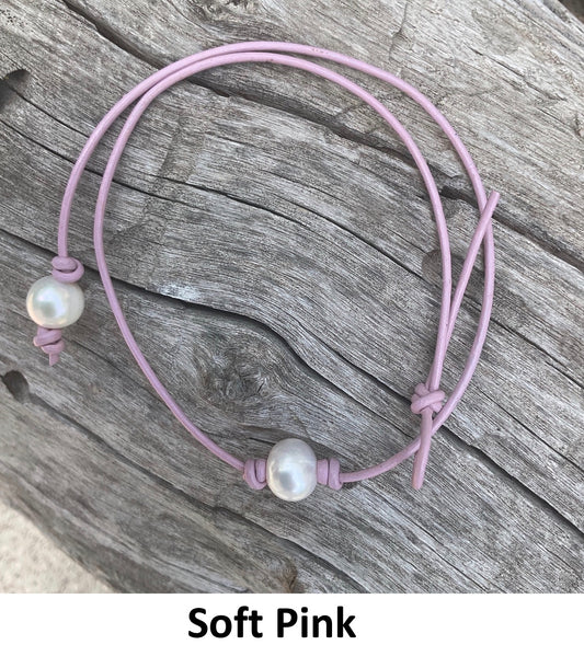 Single White Pearl Necklace, #13 Soft Pink Leather Cord