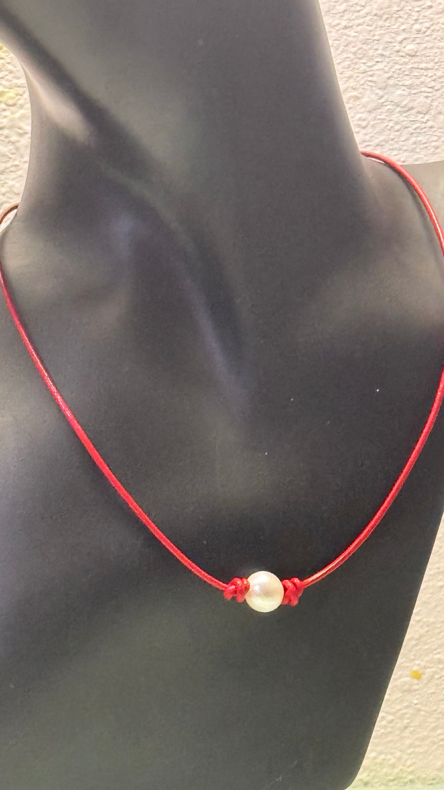 Single White Pearl Necklace, #15 Red Leather Cord