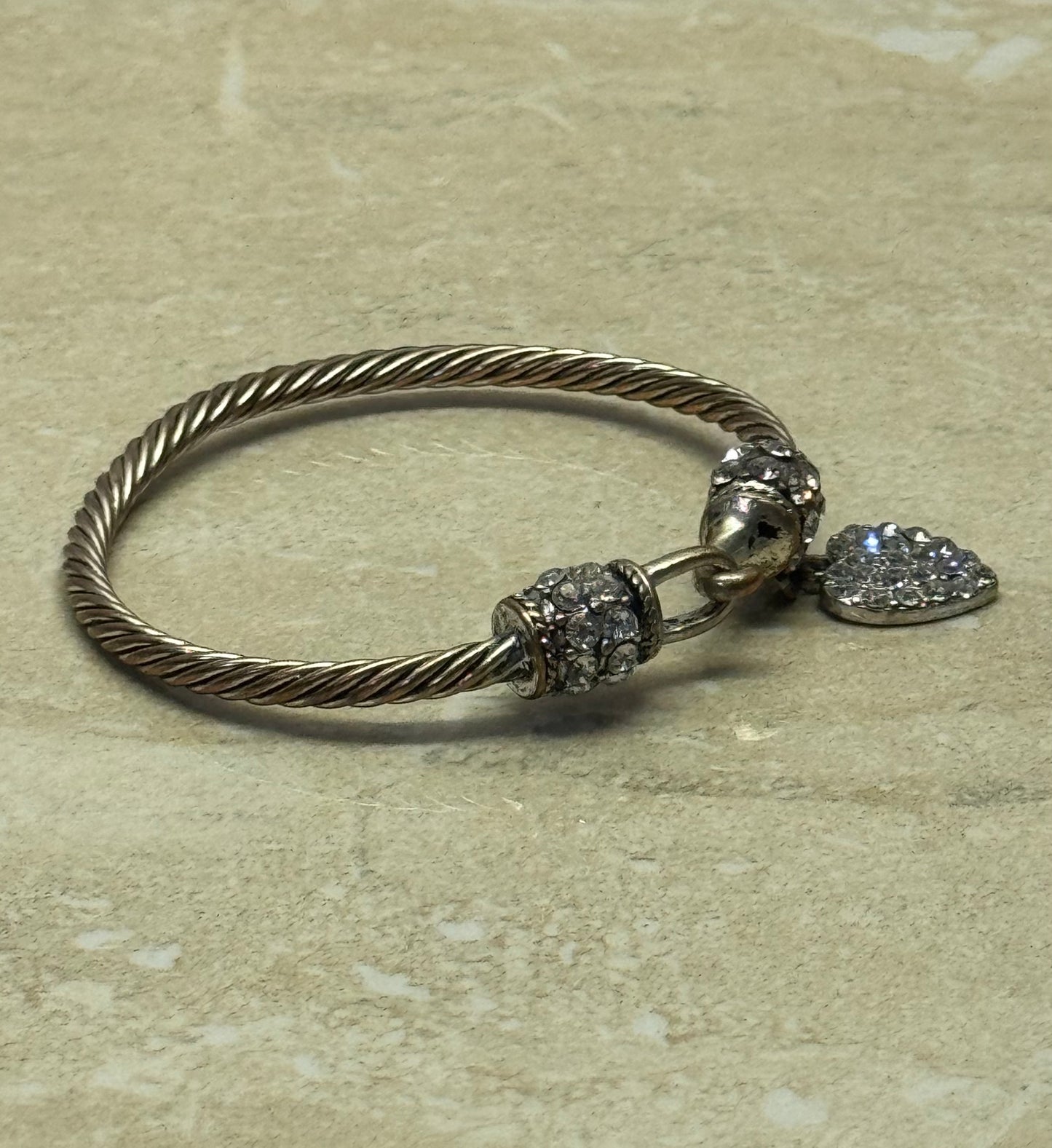 Vintage Twisted Cable Silver-Tone Cuff Bracelet with Rhinestone Accents and Pavé Heart Charm