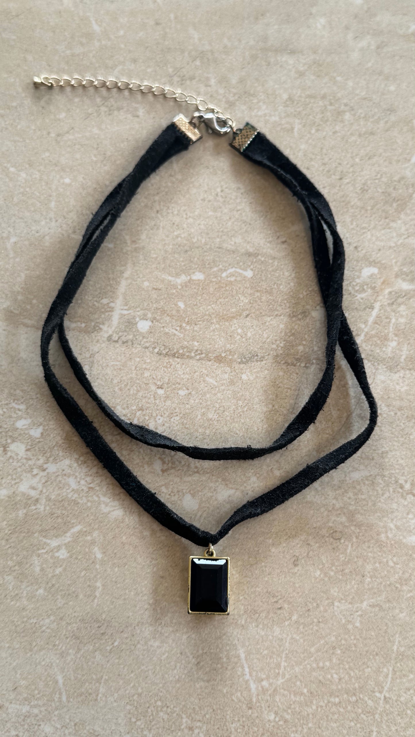 Black double string necklace with black rectangular pendant 14” length 2(1/2)” ext.
