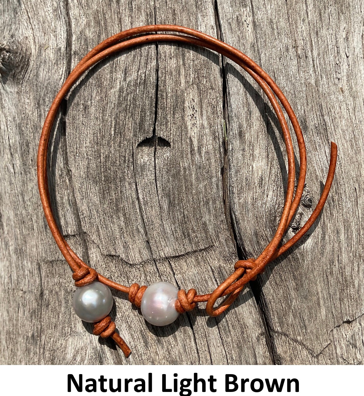 Single Gray Pearl Necklace, #6 Natural Light Brown Leather Cord