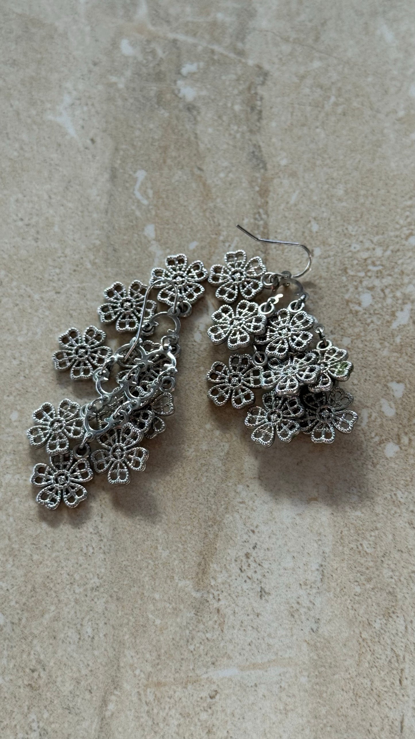 Vintage Silver Tone Cascade Floral Dangle Earrings 2(1/2)” long