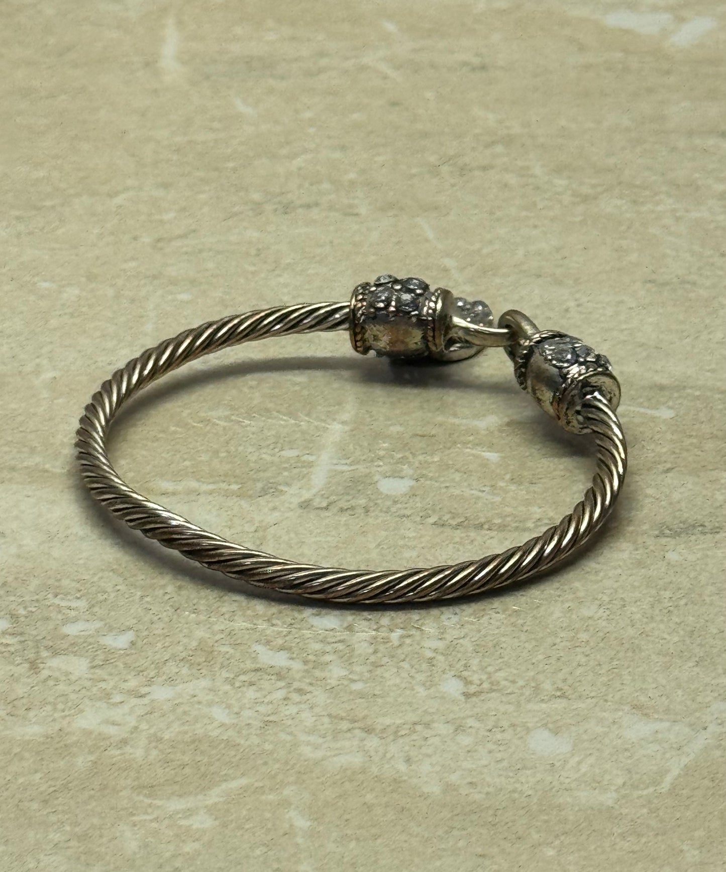 Vintage Twisted Cable Silver-Tone Cuff Bracelet with Rhinestone Accents and Pavé Heart Charm