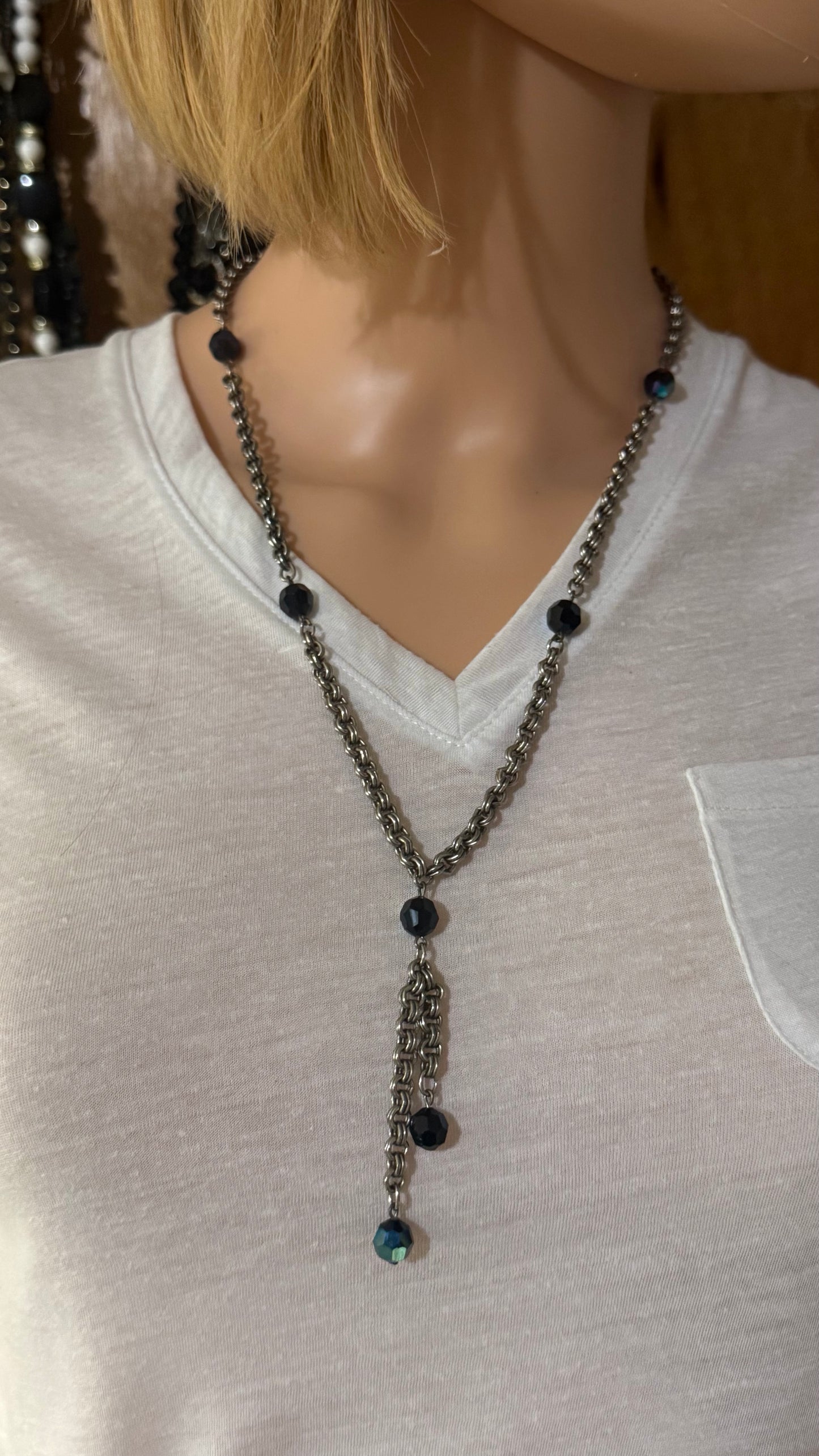 Vintage silver chan necklace with black charms 22” length