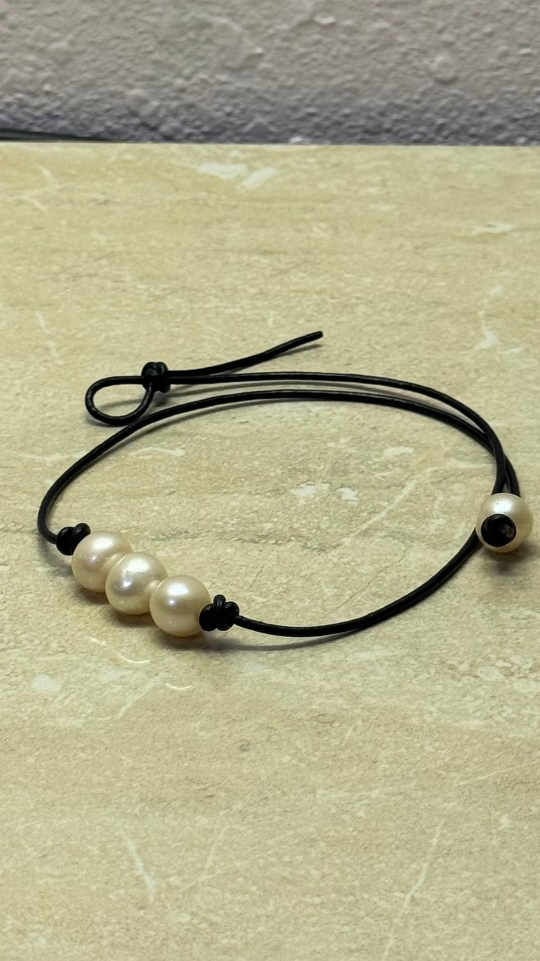 Triple Pink Pearl Necklace, #1 Black Leather Cord