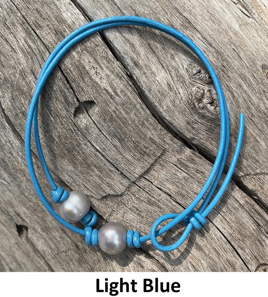 Single Gray Pearl Necklace, #14 Light Blue Leather Cord