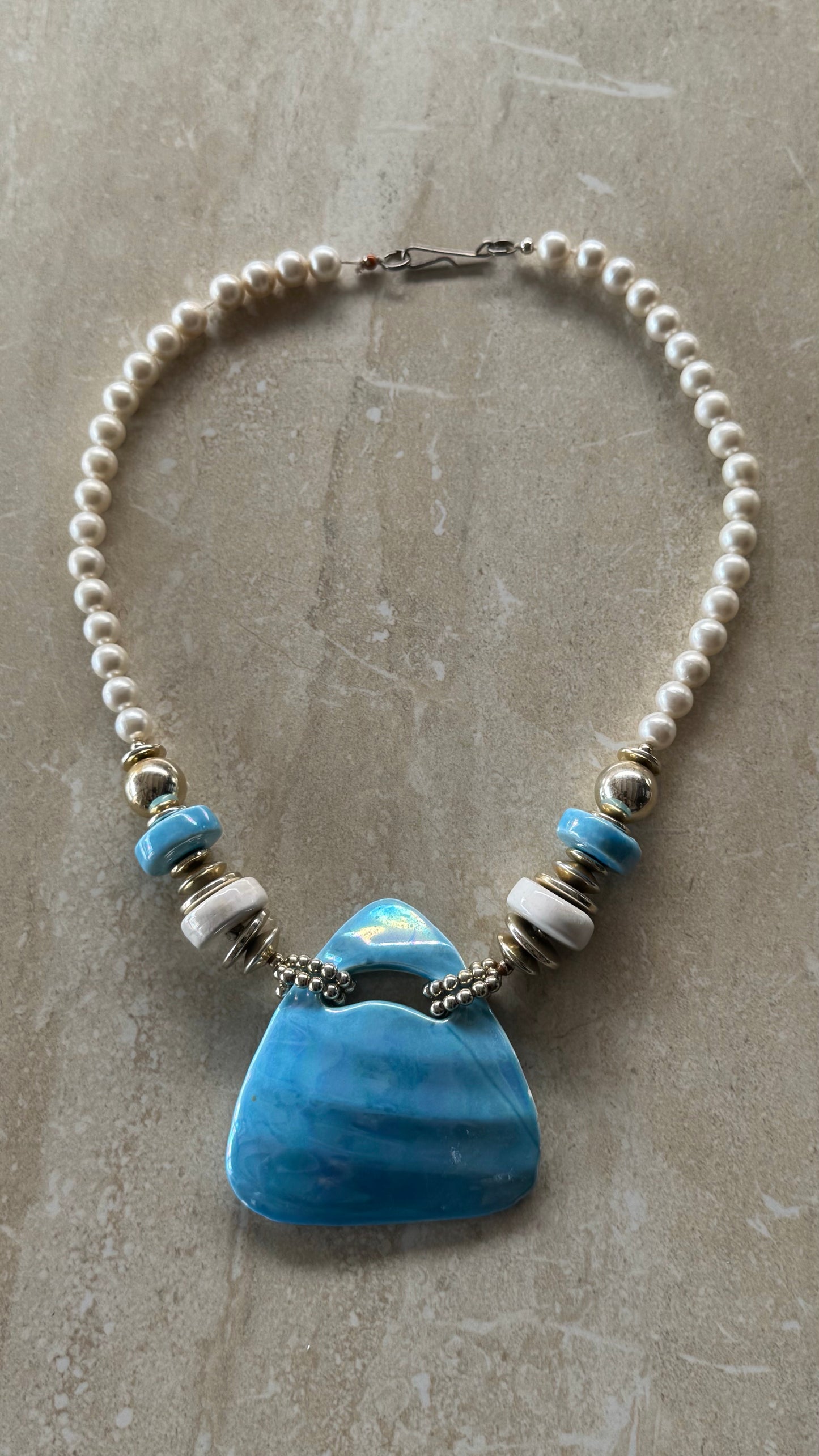 vintage artisan-crafted ceramic and pearl collar necklace 26” length