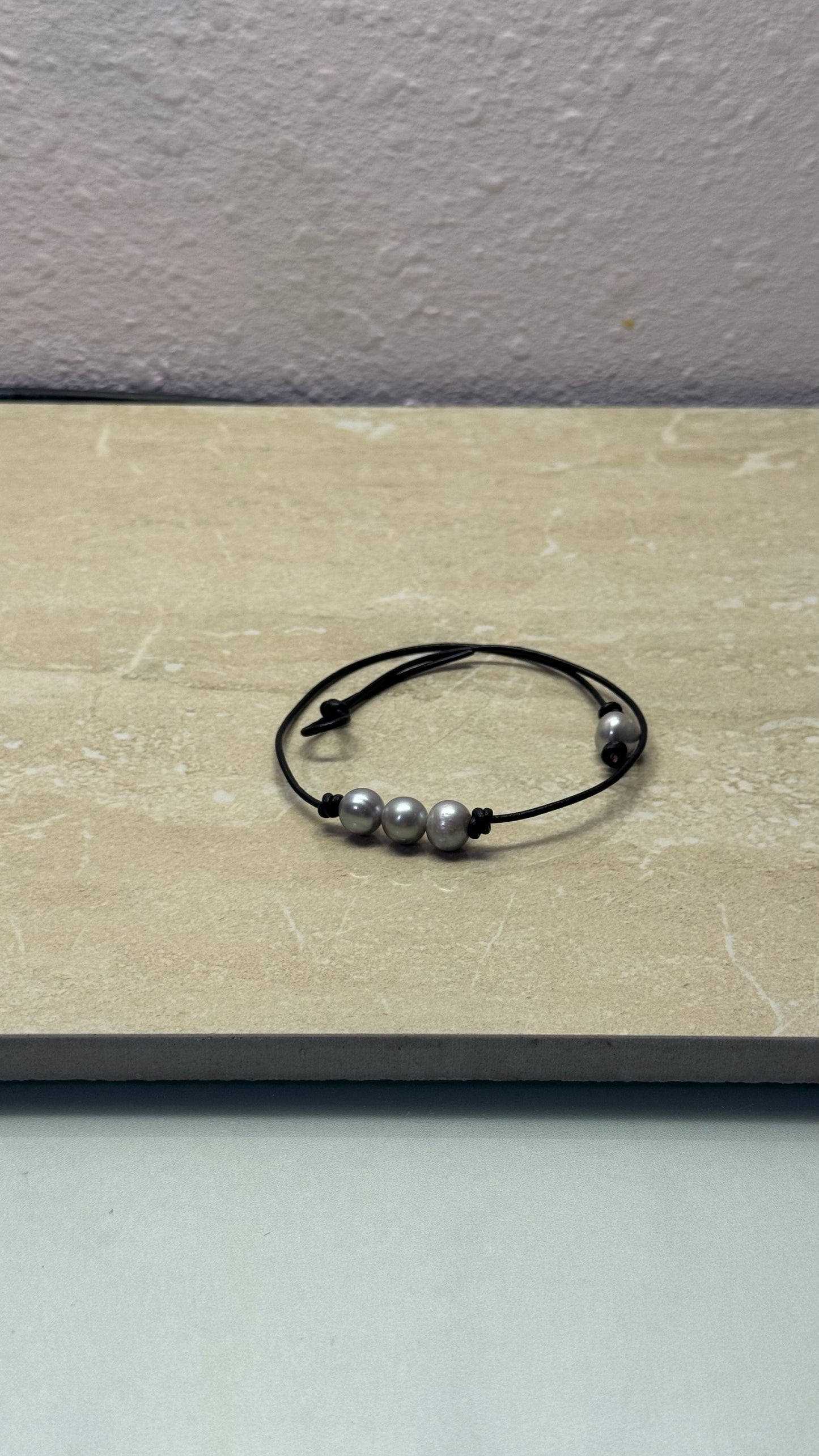 Triple Gray Pearl Necklace, #1 Black Leather Cord