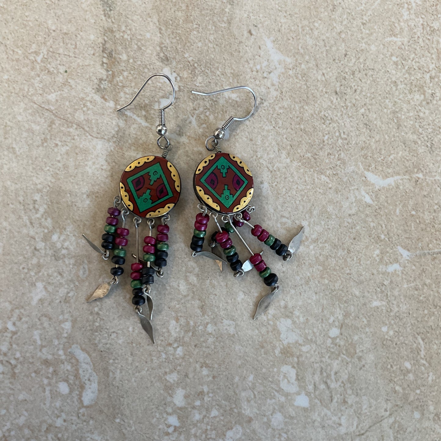 Native American/Boho Silver-Tone Long Drop Earrings.