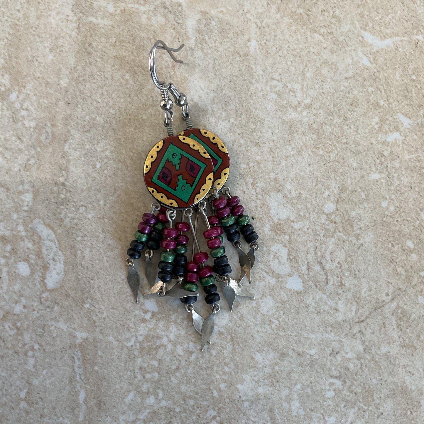 Native American/Boho Silver-Tone Long Drop Earrings.