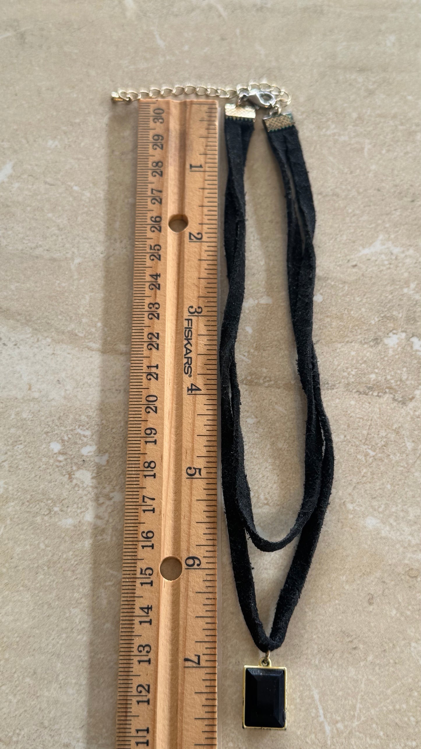 Black double string necklace with black rectangular pendant 14” length 2(1/2)” ext.