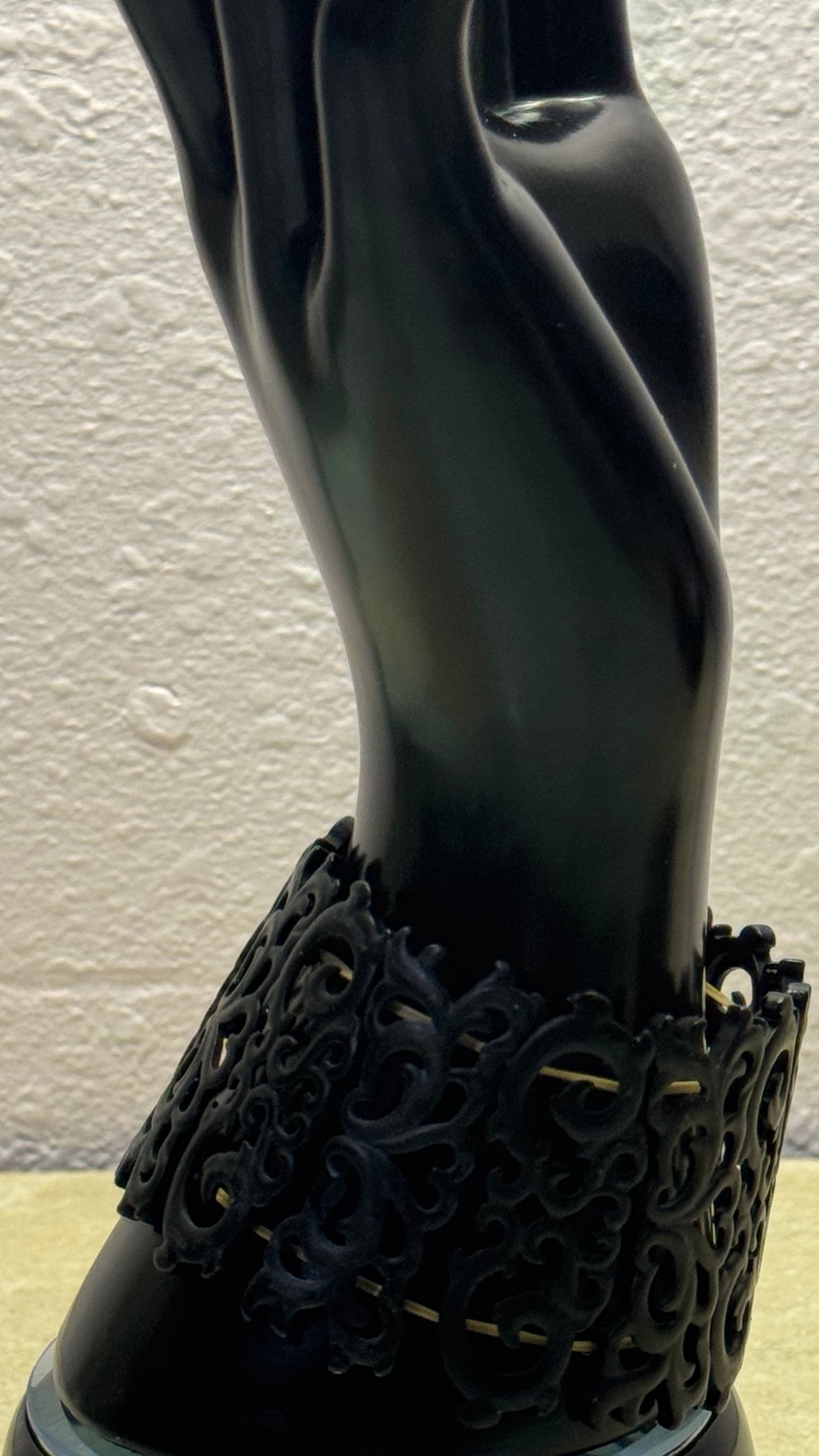 Artisanal Black Carved Openwork Stretch Cuff Bracelet with Gold-Toned Hardware