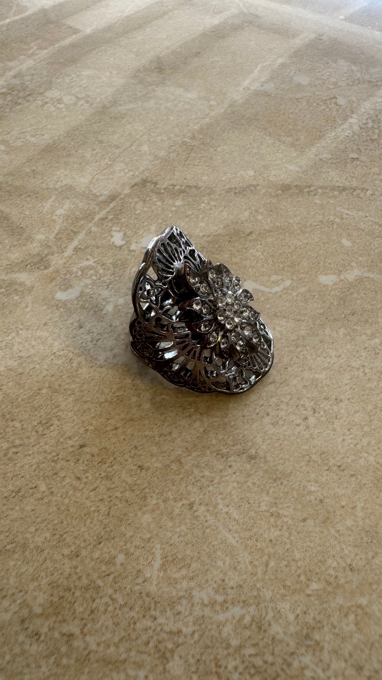 Oversized Vintage-Inspired Filigree Flower Cocktail Ring 7 1/2 inch