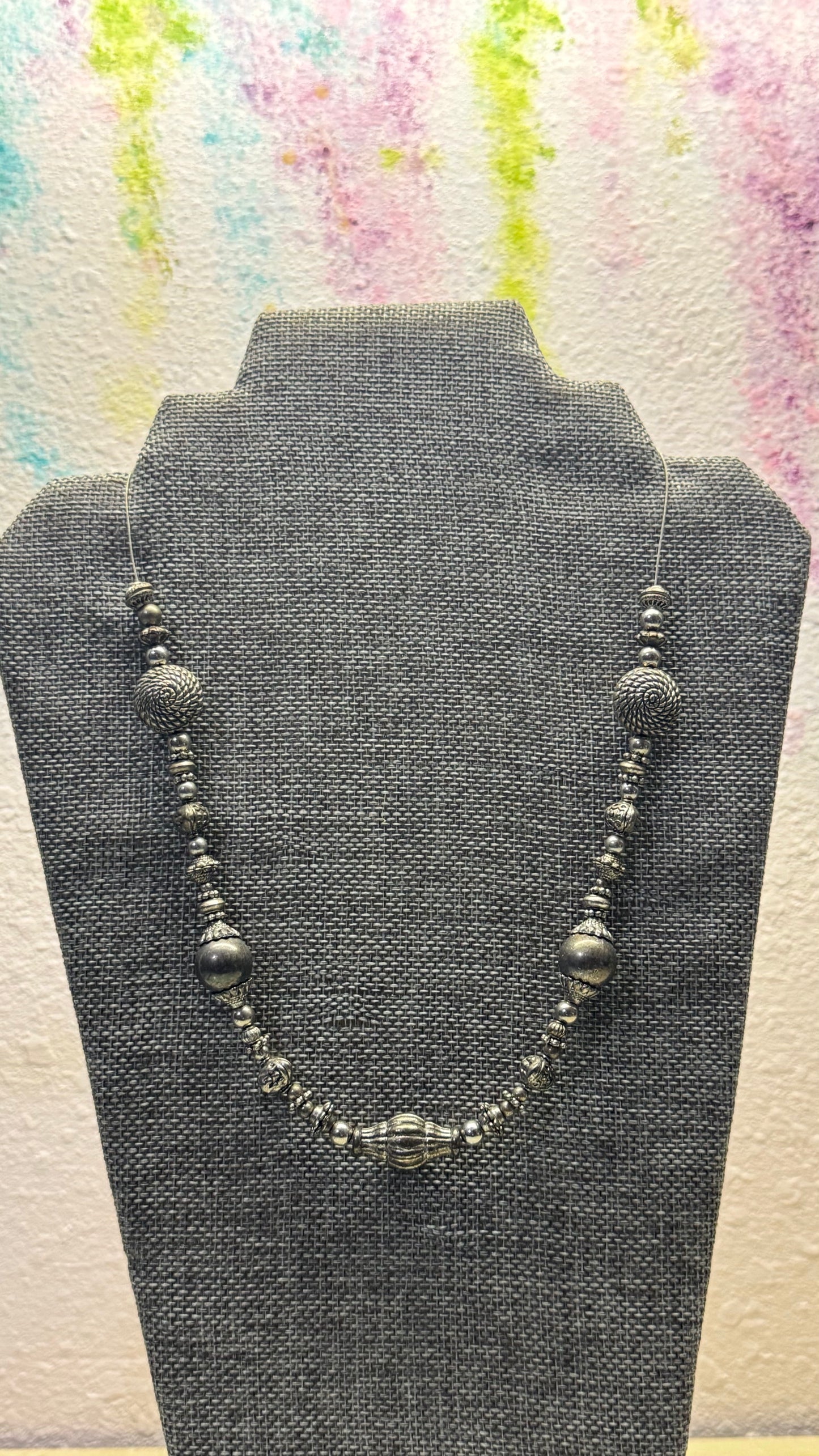 artisan mixed-bead silver statement necklace 20” length