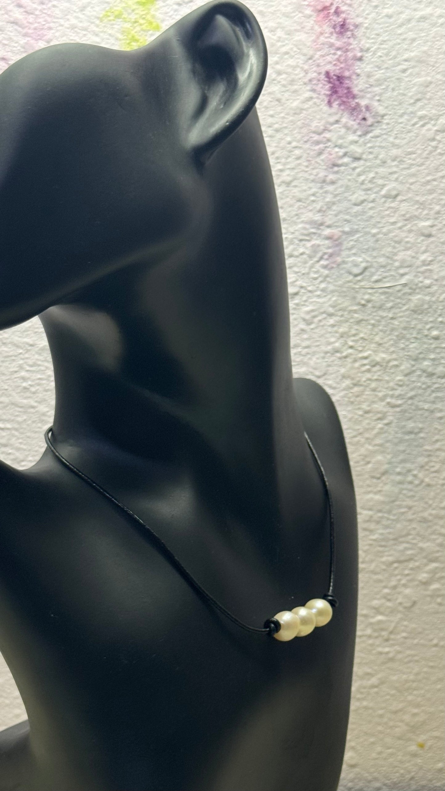 Triple Pink Pearl Necklace, #1 Black Leather Cord