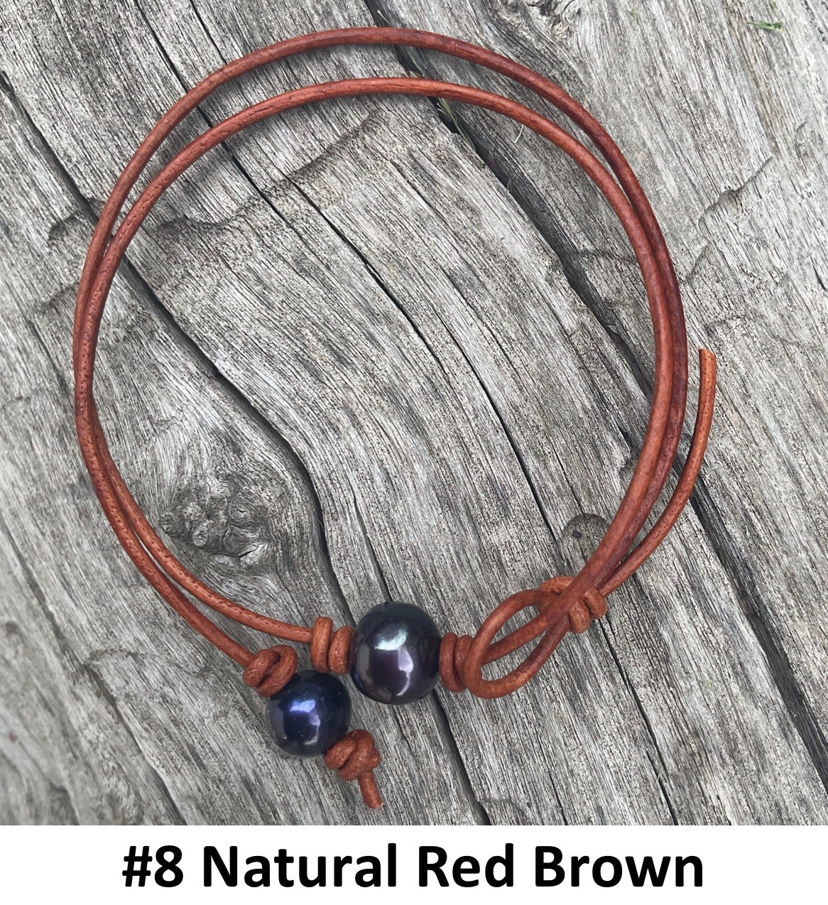 Single Black Pearl Necklace, #8 Natural Red Brown Leather Cord