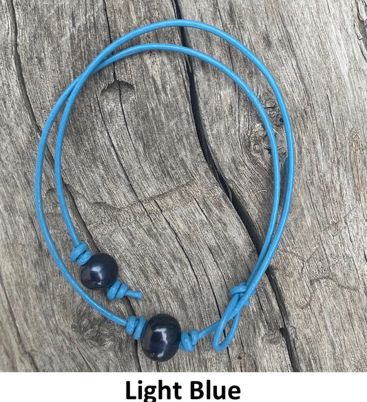 Single Black Pearl Necklace, #14 Light Blue Leather Cord