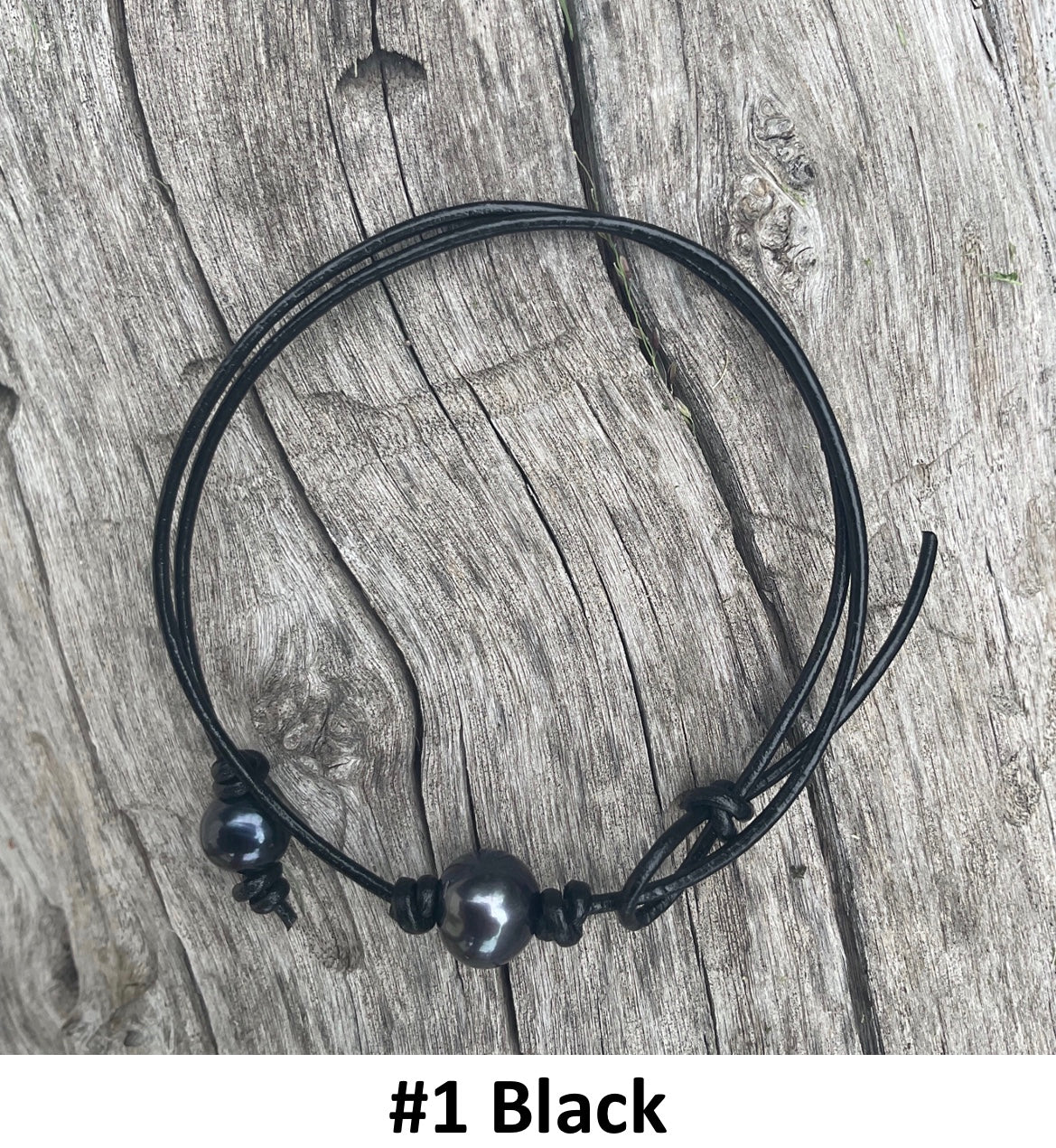 Single Black Pearl Necklace, #1 Black Leather Cord