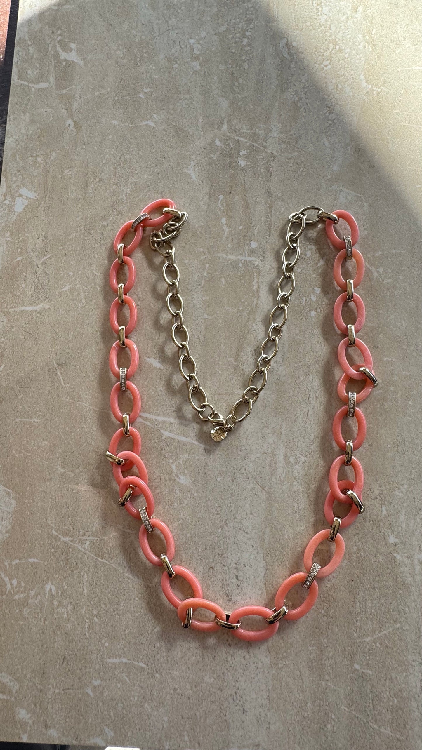 Vintage Monet Necklace Peach Coral Resin & Rhinestone Link Statement Necklace 35” long