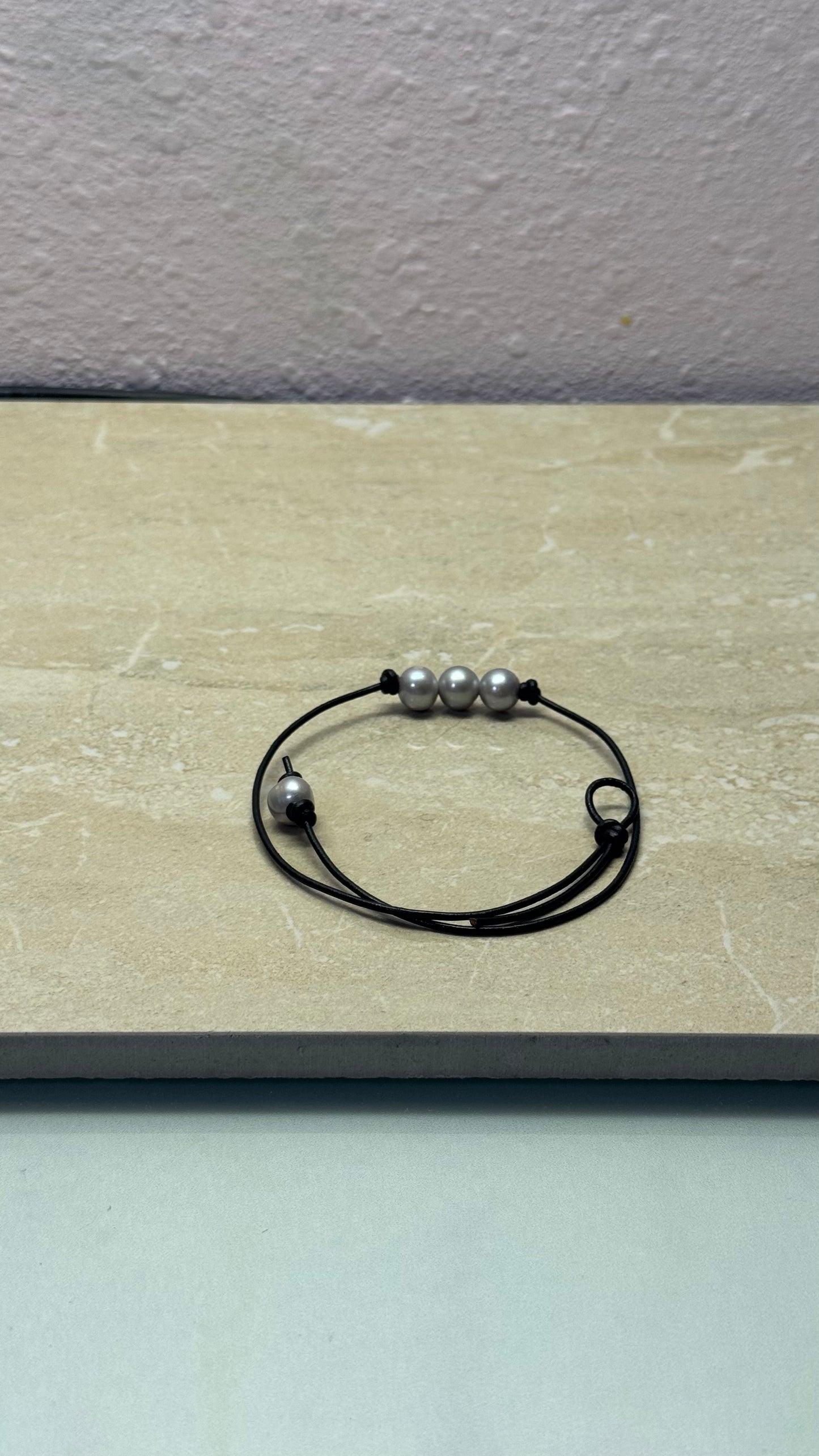 Triple Gray Pearl Necklace, #1 Black Leather Cord