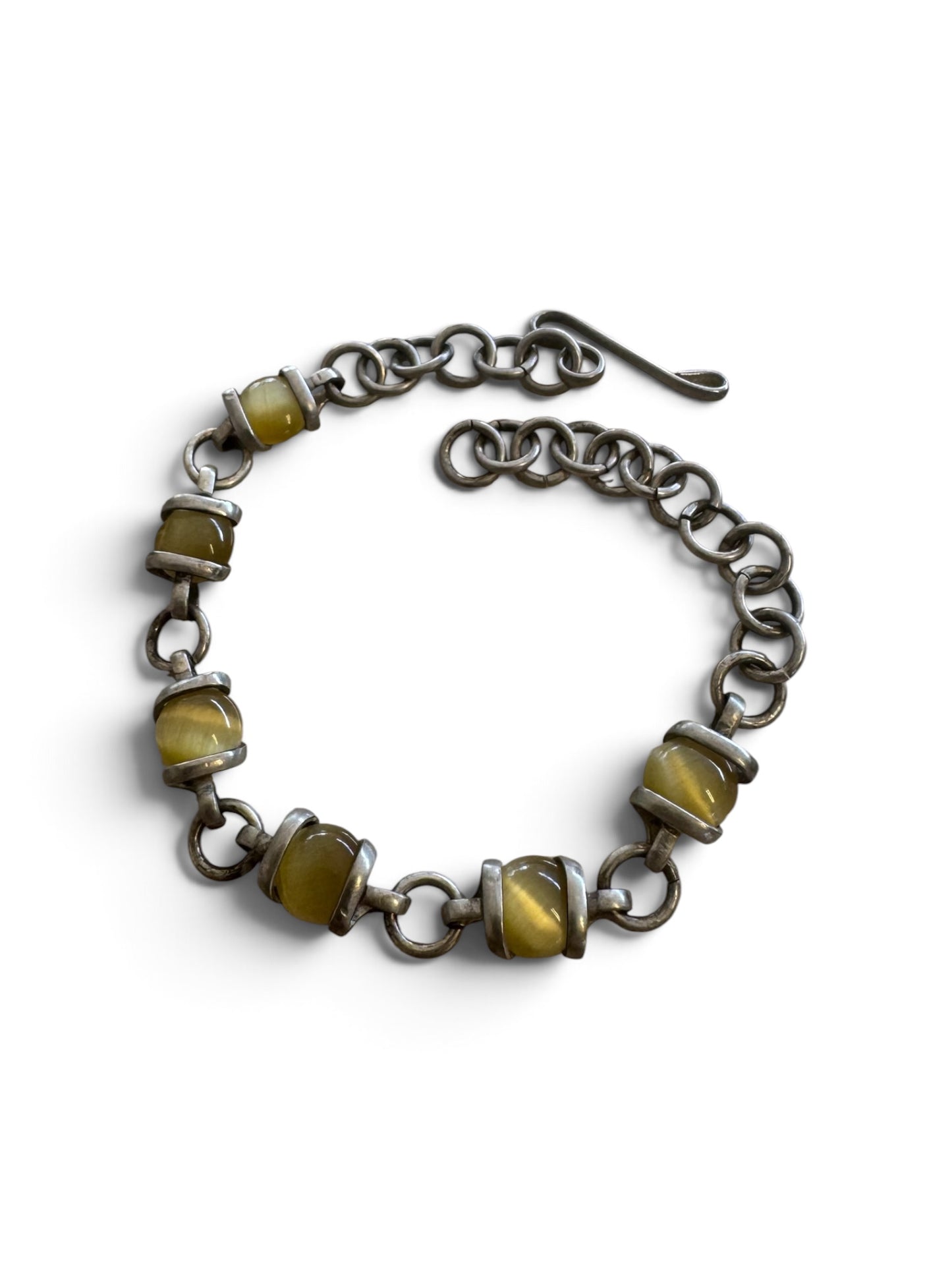 Vintage Sterling Silver Honey Tiger's Eye Link Chain Bracelet 7(1/2) inch length