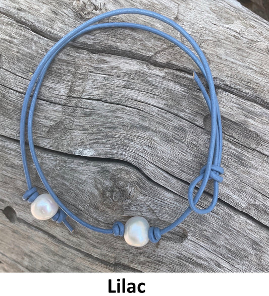 Single White Pearl Necklace, #11 Lilac Leather Cord