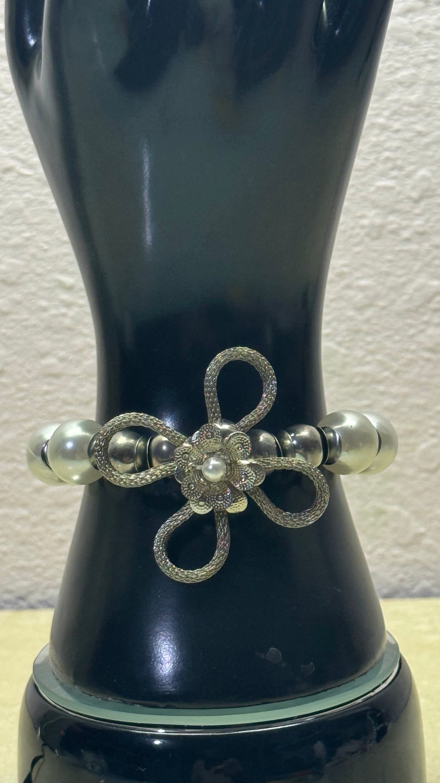 Silver Mesh Floral Bow Pearl Statement Bracelet