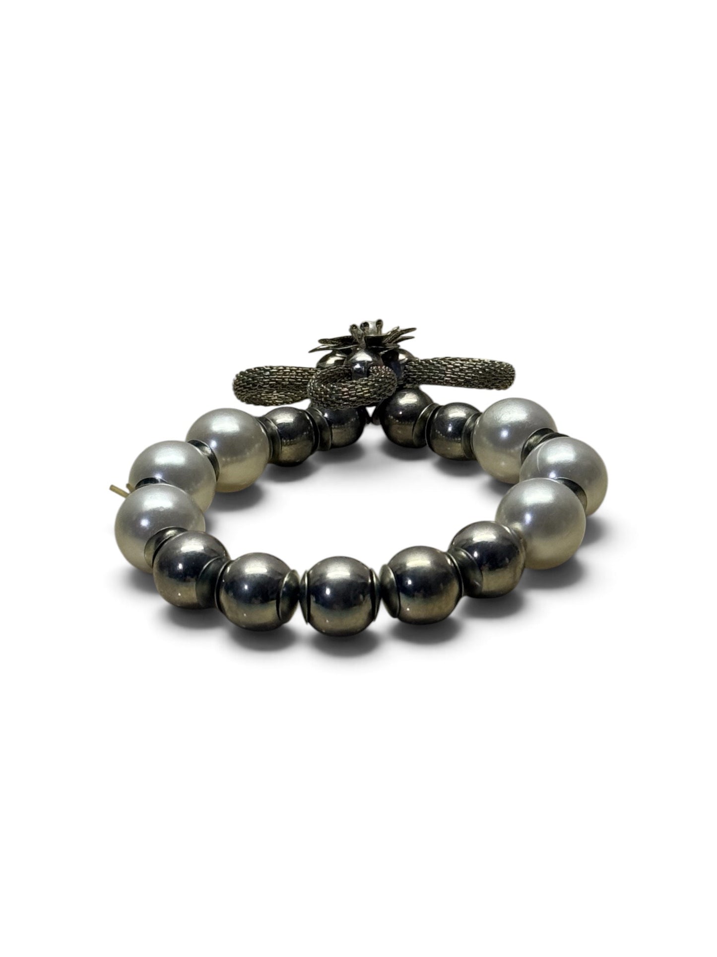 Silver Mesh Floral Bow Pearl Statement Bracelet