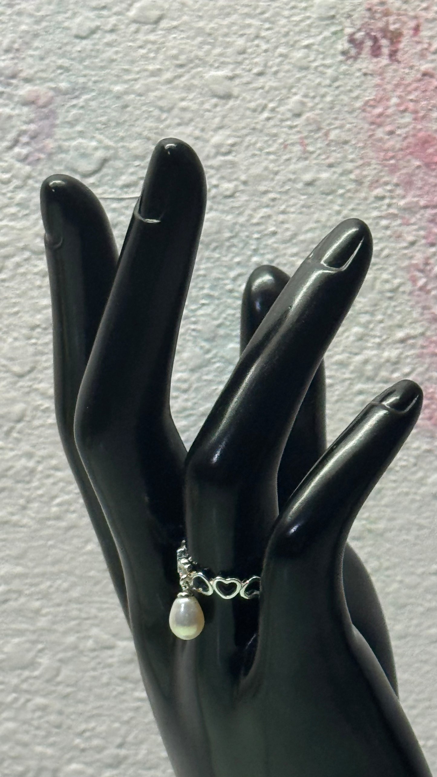 Sterling Silver Open Heart Band Ring with Dangle Freshwater Pearl
