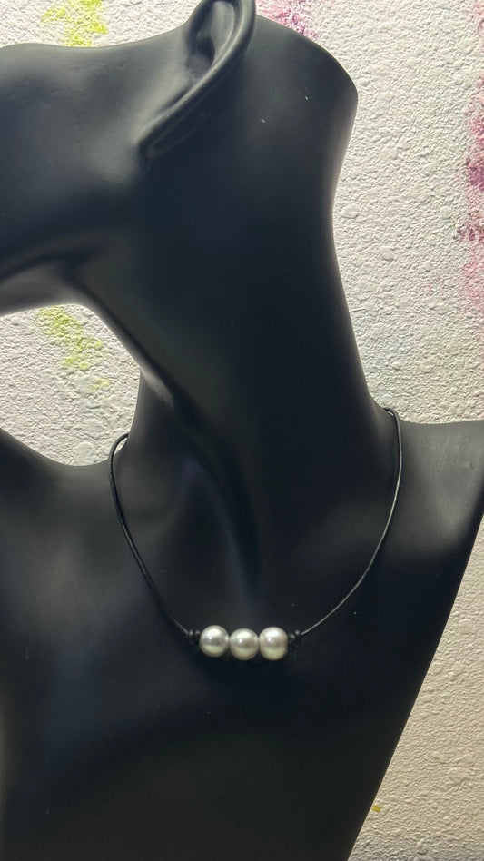 Triple Gray Pearl Necklace, #1 Black Leather Cord