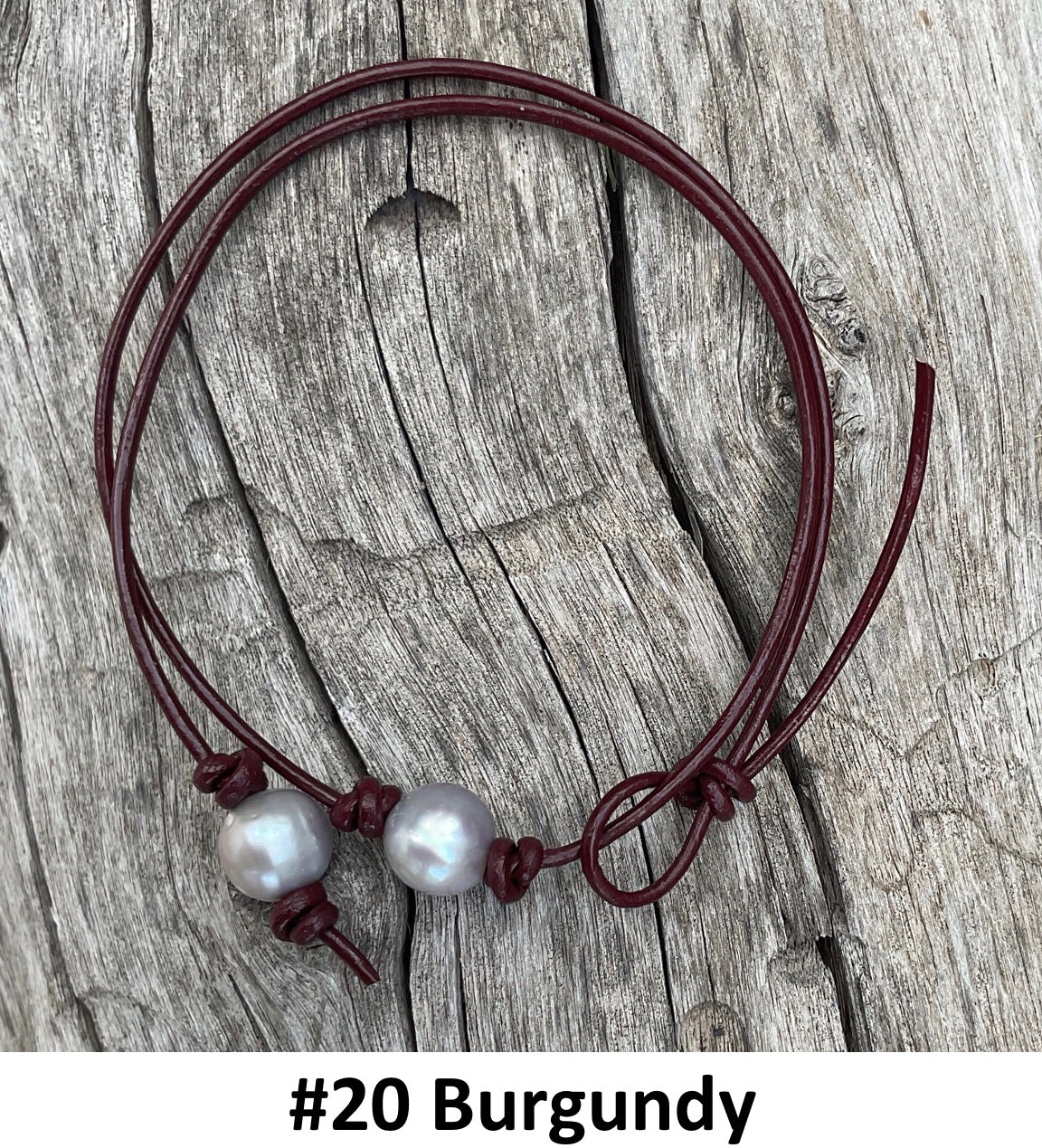 Single Gray Pearl Necklace, #20 Burgundy Leather Cord