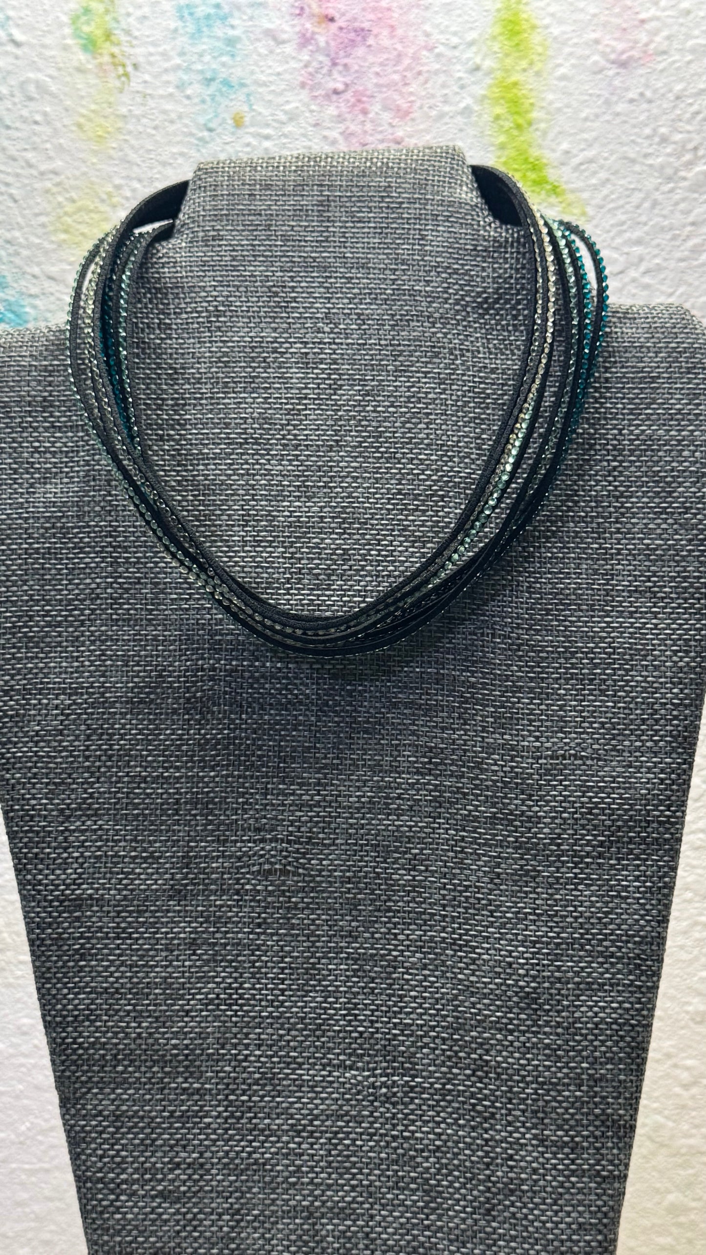 Boho Chic Multi-Strand Rhinestone & Leather Cord Layered Statement Choker12” length