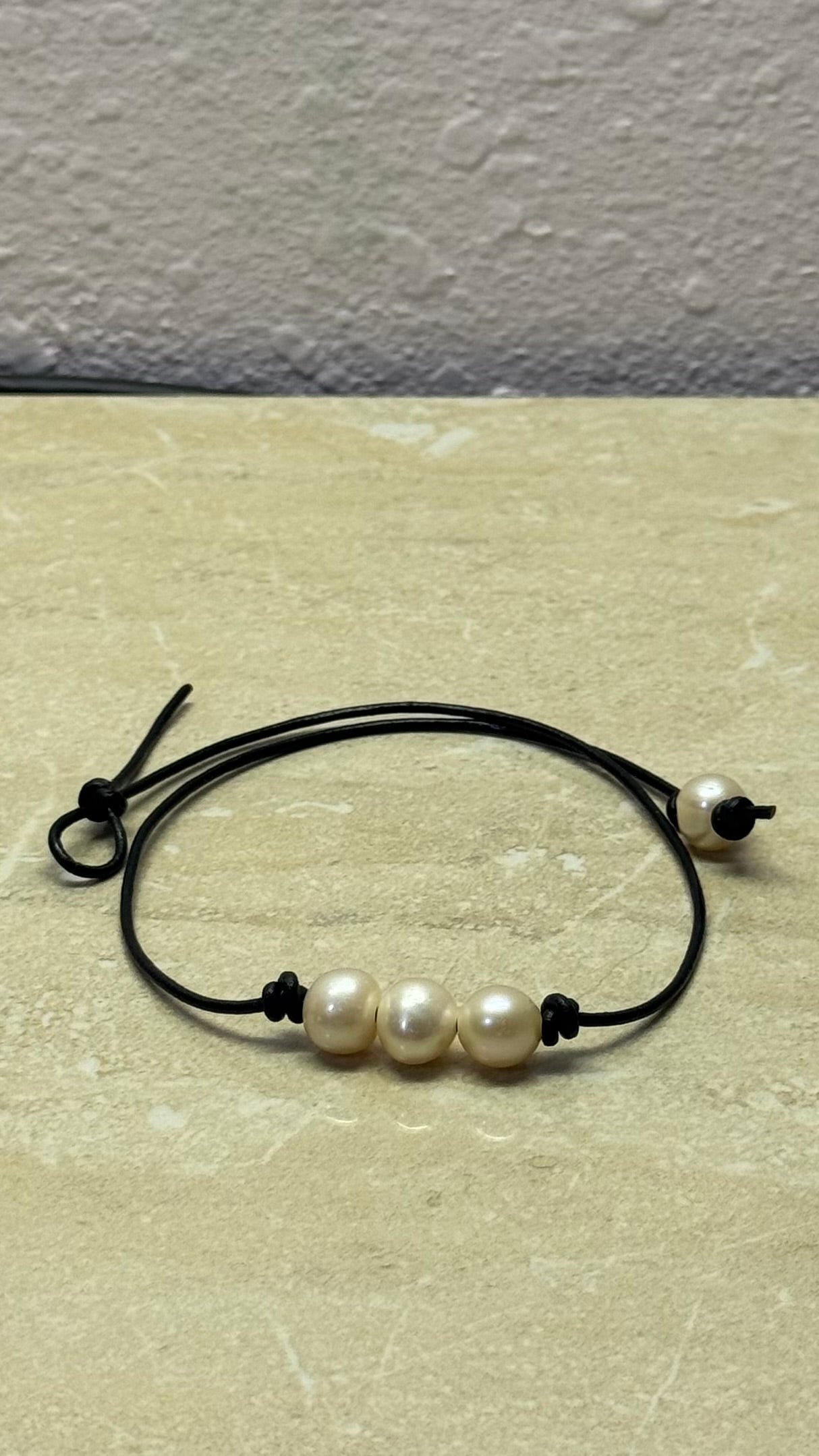 Triple Pink Pearl Necklace, #1 Black Leather Cord