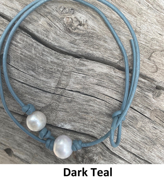 Single White Pearl Necklace, #16 Dark Teal Leather Cord