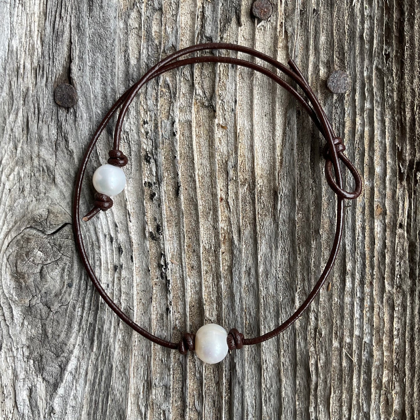 Single White Pearl Necklace , #4 Light Brown Leather Cord