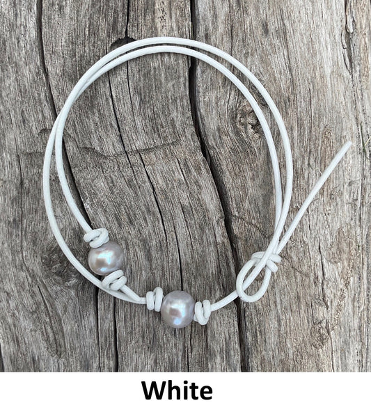 Single Gray Pearl Necklace, #19 White Leather Cord