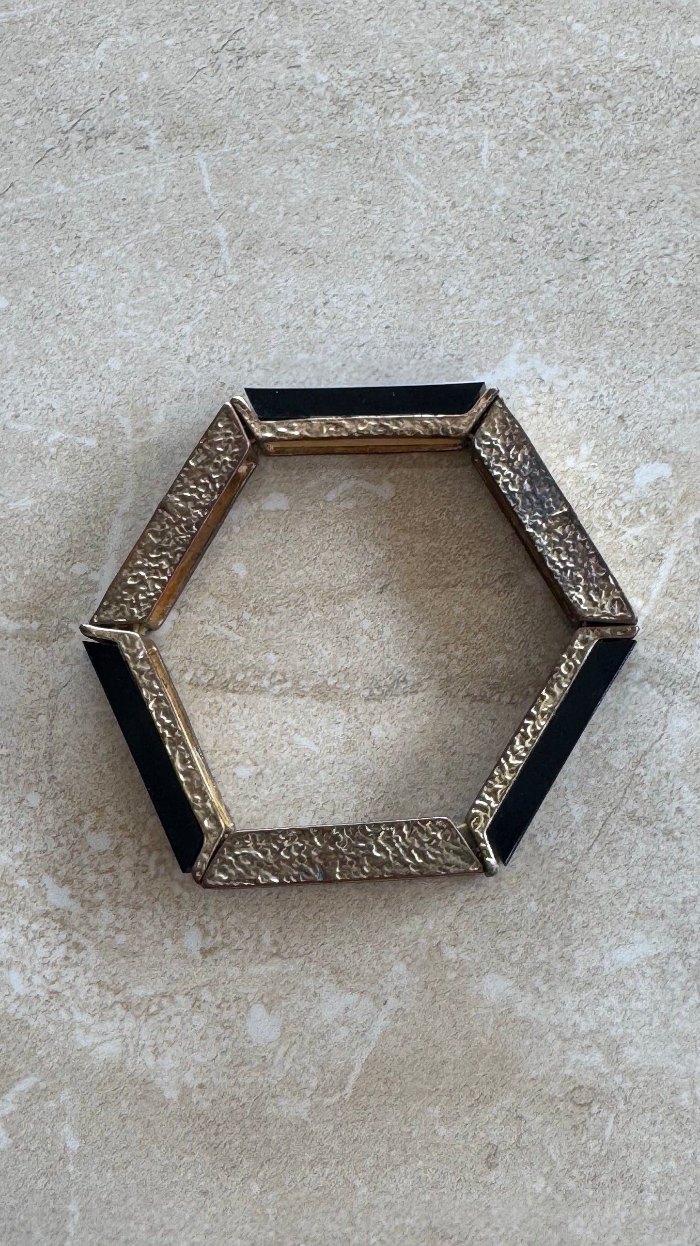 Vintage hexagon black and gold accent flexible bracelet 2(1/4)” diameter