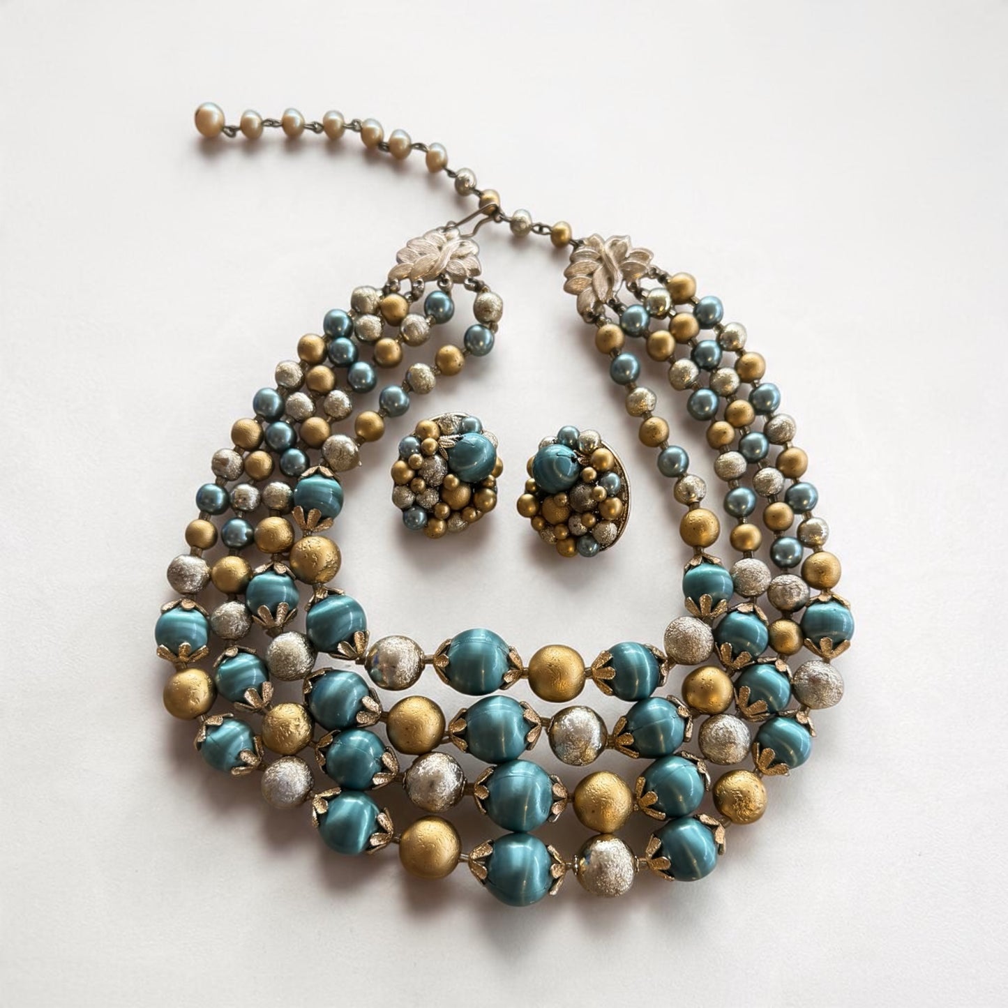 Teal Gold silver beaded necklace with matching earrings 16” length 4” extension