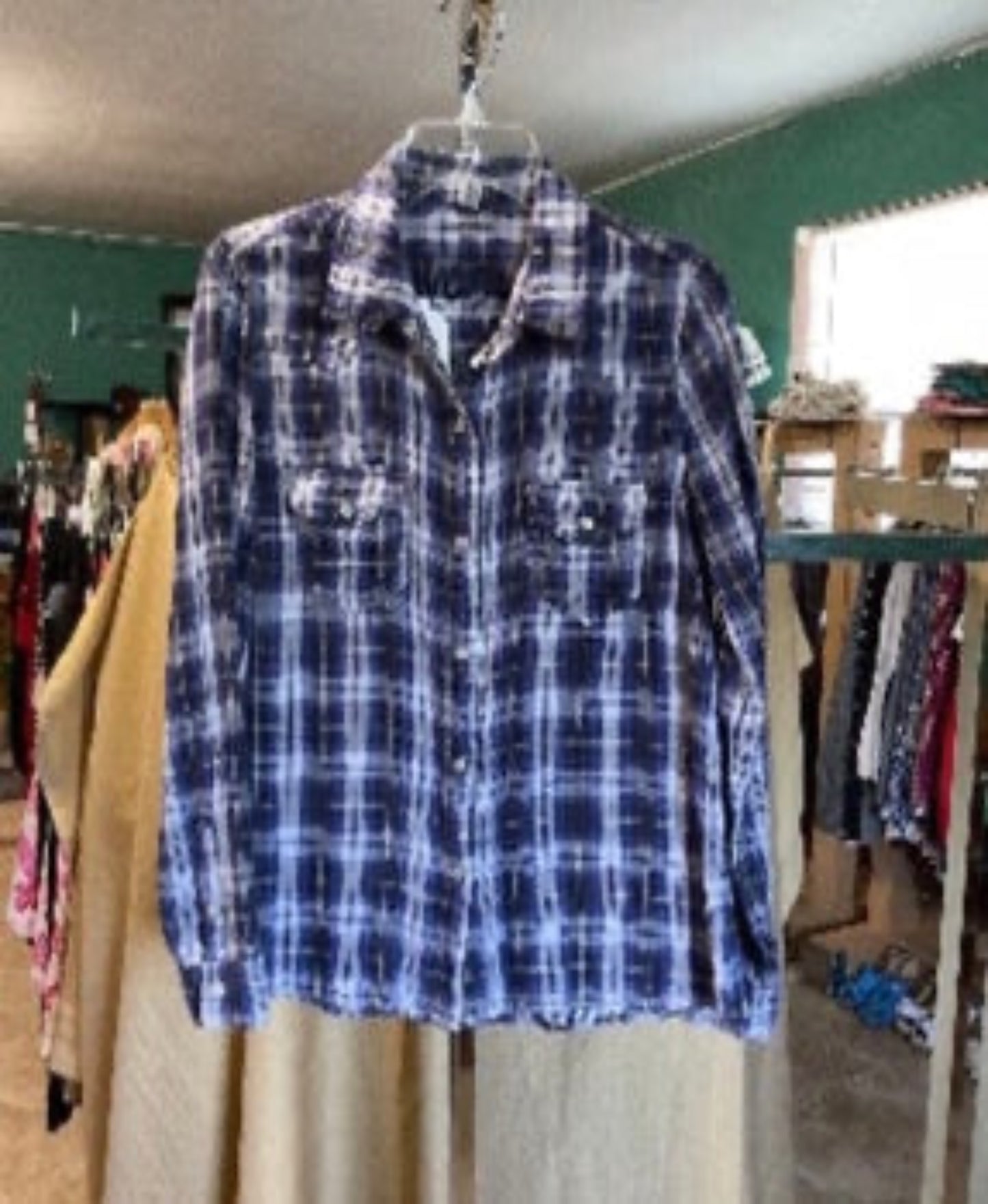 Vanilla Star Women’s Double Fabric Button Down Plaid  Shirt Size L