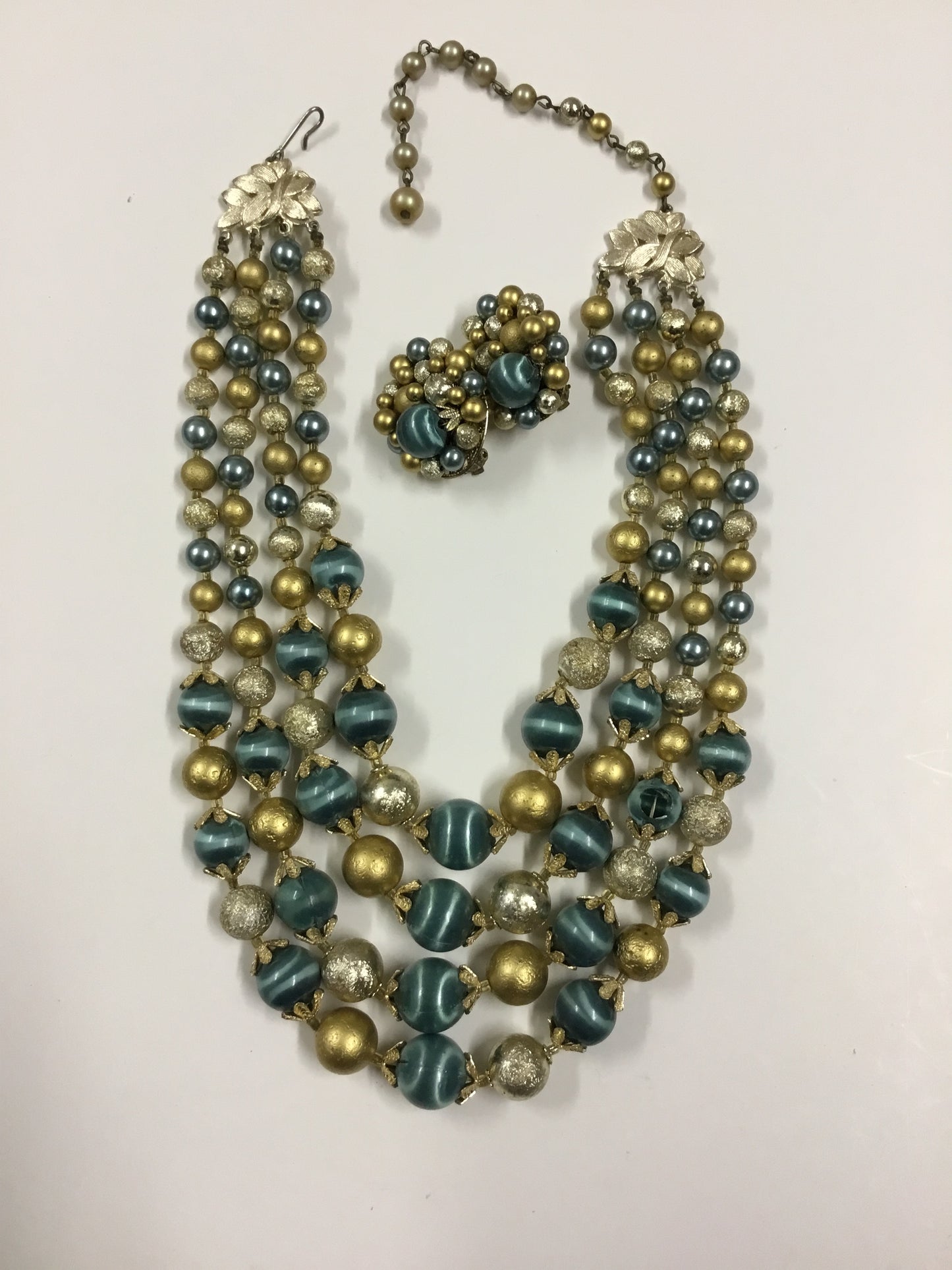 Vintage Mid-Century Japan Four Strand Cocktail Satin Blue & Gold Necklace and Clip Earring Set